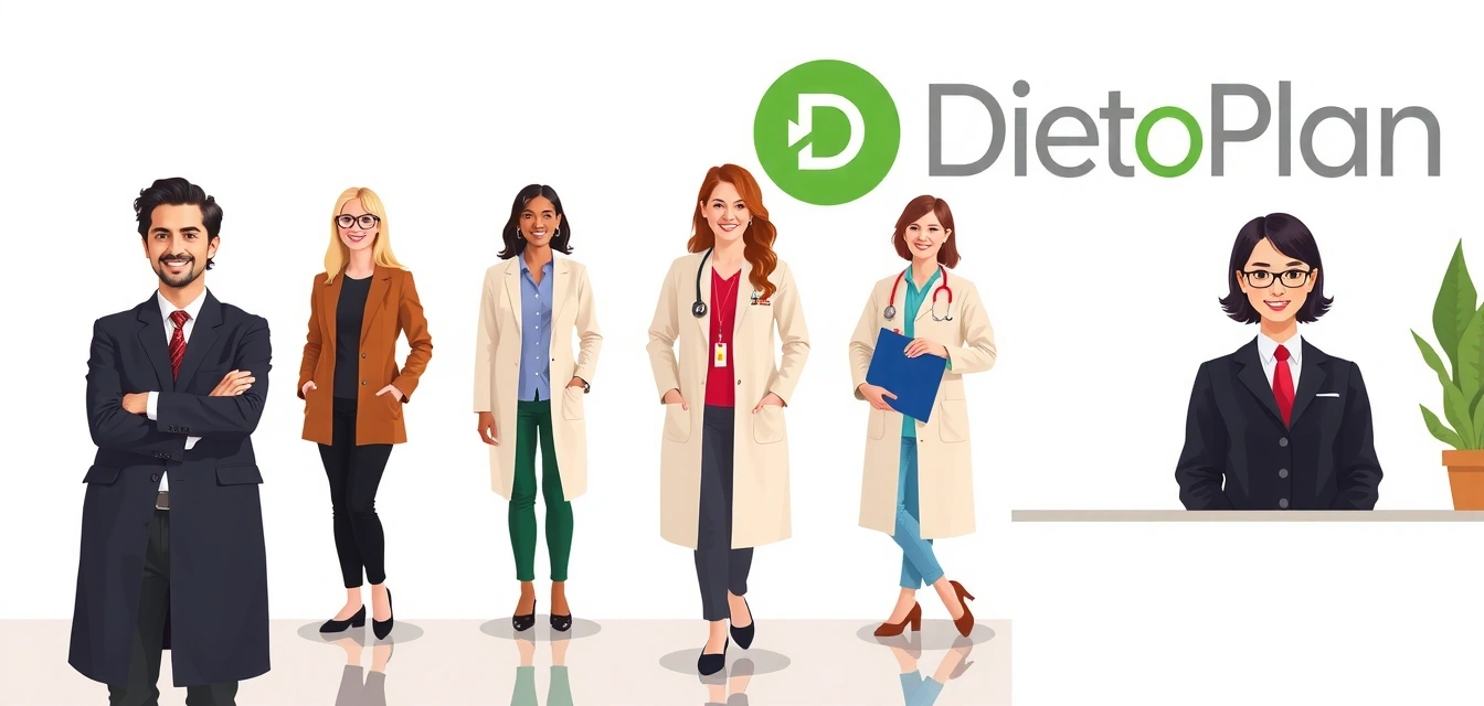 Zespół dietetyków Dietoplanplcx w nowoczesnym biurze - profesjonaliści w białych fartuchach z uśmiechami